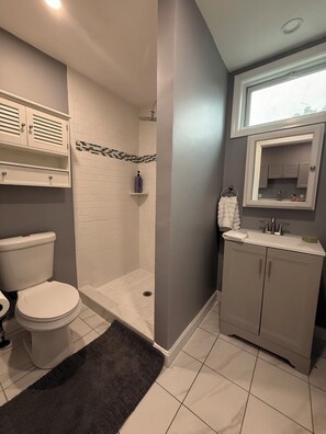 Un baño con inodoro, ducha, tocador y espejo.
