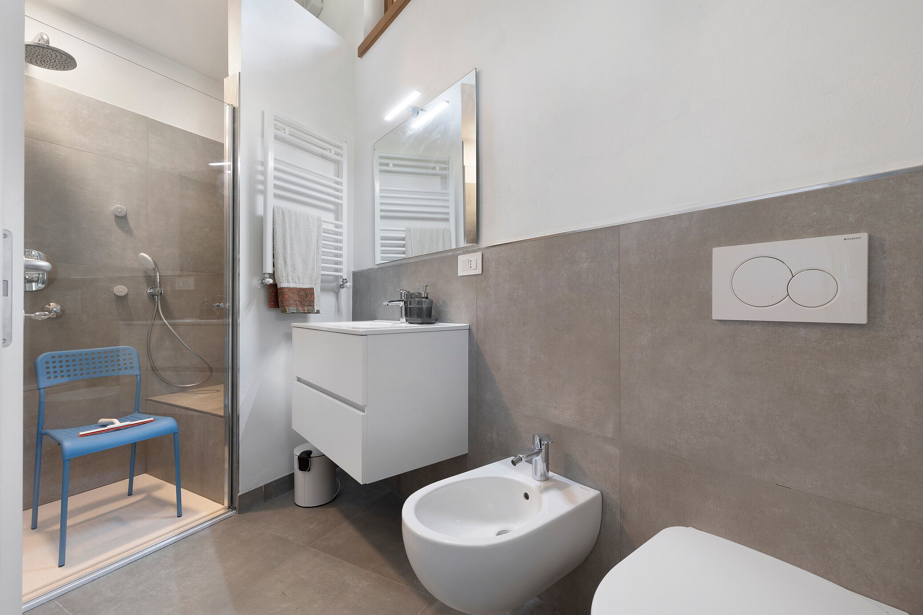A modern bathroom with a shower, bidet, and a mirror.