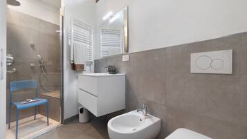A modern bathroom with a shower, bidet, and a mirror.