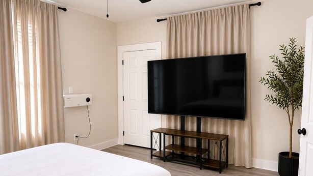 Een slaapkamer met een bed, een televisie op een standaard, een deur, een plant en een raam met gordijnen.