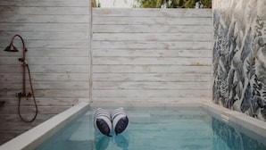 A small, rectangular pool with a wooden deck surrounding it. - Bleu guesthouse (Saint-François)