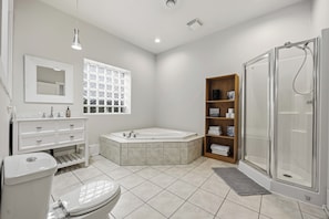 Jetted bath, towels, soap, shampoo