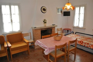 Ein Zimmer mit Kamin, einem Esstisch mit Stühlen, einer Couch, einem Bett und einem Fernseher.