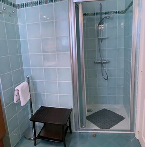 Shower, towels, soap, toilet paper
