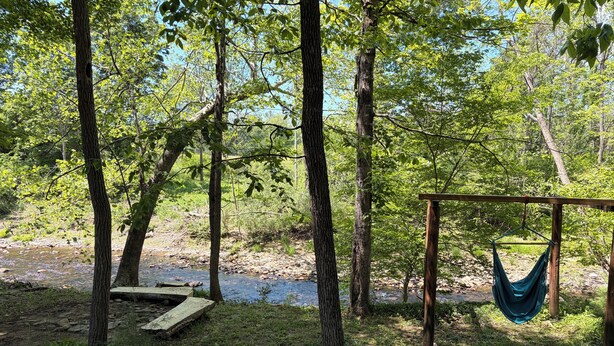 Una hamaca colgada de una estructura de madera en una zona boscosa, con un río al fondo.