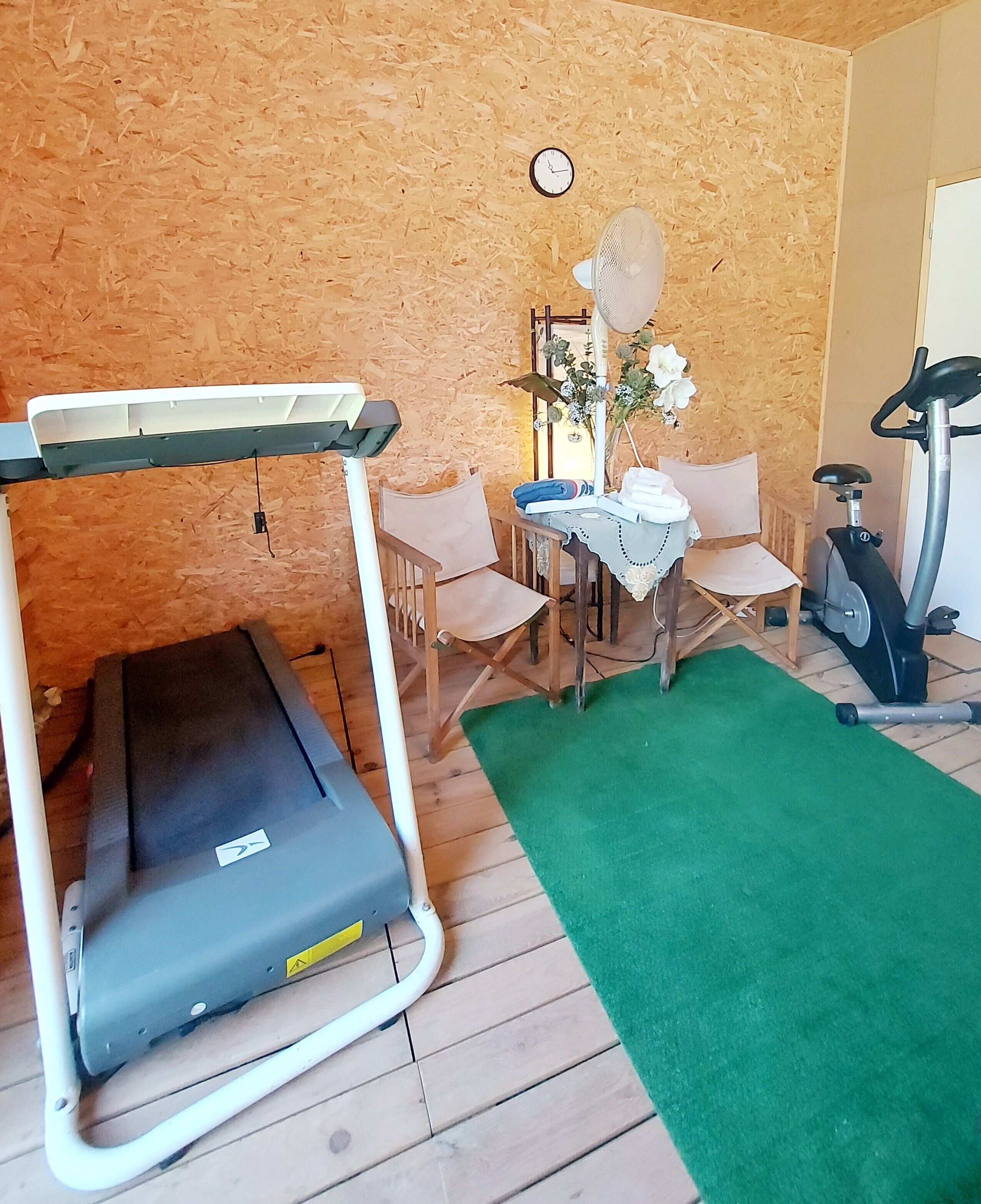 A room with a treadmill, a dining table with chairs, a clock on the wall, and a green rug.