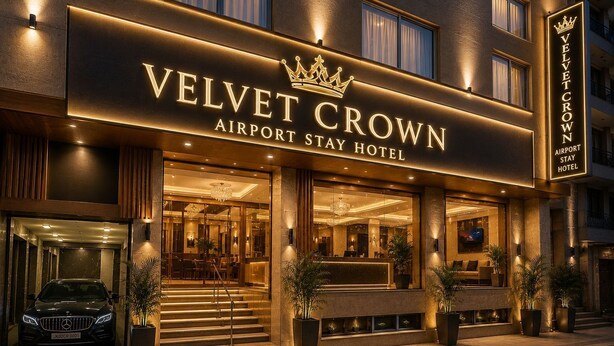 Velvet Crown Airport Stay -hotellin ulkoasu on vaikuttava: siinä on suuri sisäänkäynti, portaikko, joka johtaa aulaan, ja sen edessä on pysäköitynä Mercedes-Benz.