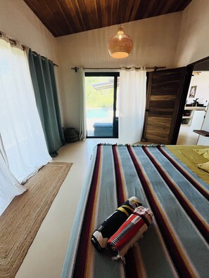A room with a bed, a hanging light fixture, a view through a door to an outdoor area, and a small rug.