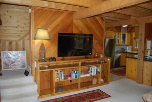 A cozy living room with a television, bookshelves, and a kitchen area.