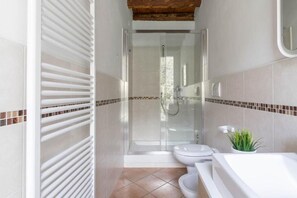 A modern bathroom with a glass-enclosed shower, a white toilet, and a bathtub. - Rabi Rooms (Valbrenta)