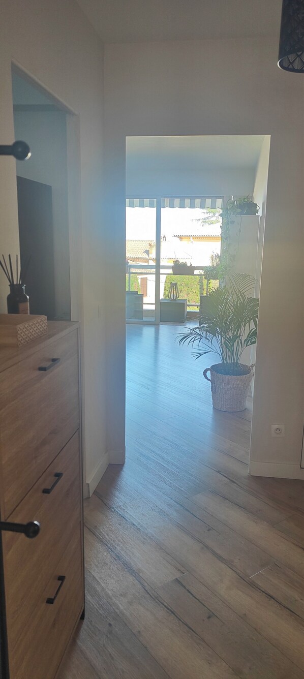 A hallway with wooden flooring, a wooden dresser with drawers, a potted plant, and a view of the outside through a glass door. - Fully renovated 3-room apartment, quiet and close to downtown (Vence)