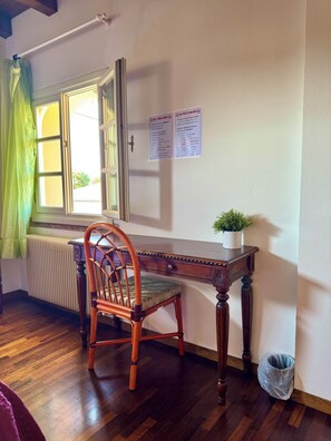 A room with a wooden chair, a table with a potted plant, a radiator, and a window with curtains.