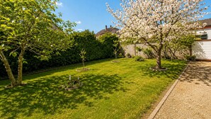 Ein gepflegter Garten mit verschiedenen Bäumen, einer Rasenfläche und einem Kiesweg.