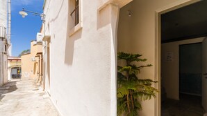 A narrow alleyway with a white building, a potted plant, and a door leading to a room. - Apartment 'Luxury Rooms - Elisa' with Wi-Fi and Air Conditioning (Alezio)