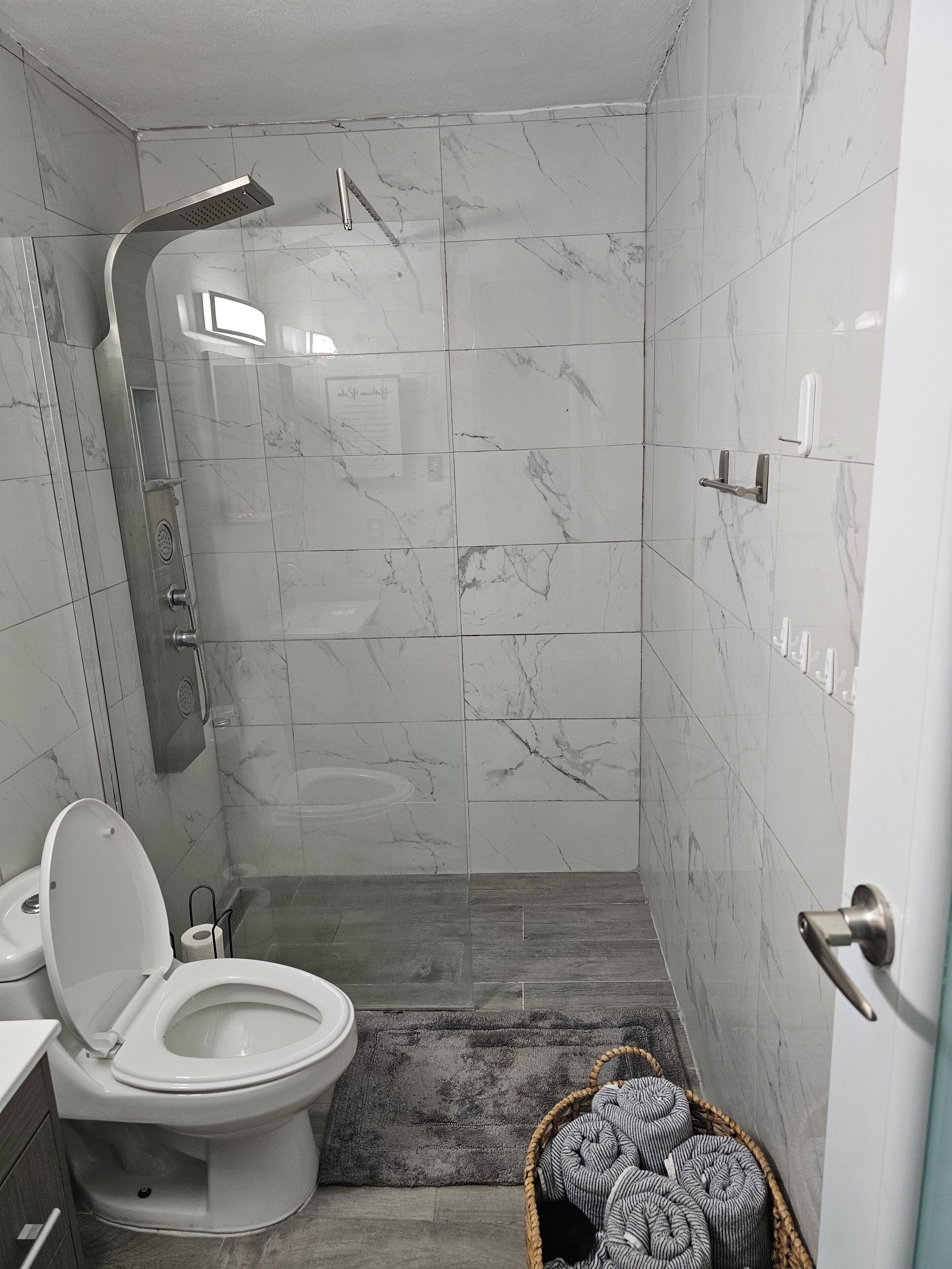 Chuveiro, secador de cabelo, toalhas de banho, papel higiênico