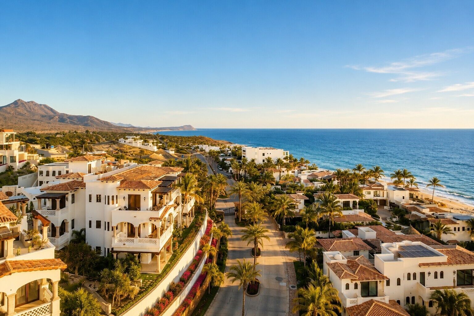 A coastal residential area with white buildings, palm trees, and a view of the sea.