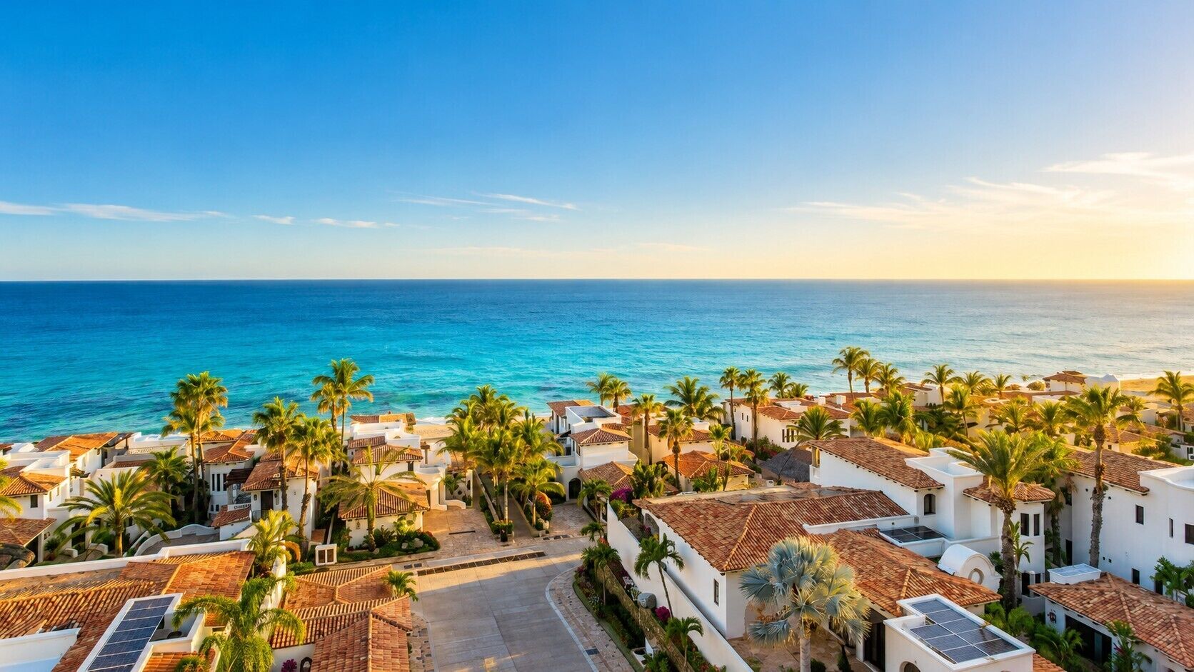 A coastal town with white buildings, palm trees, and a view of the sea.