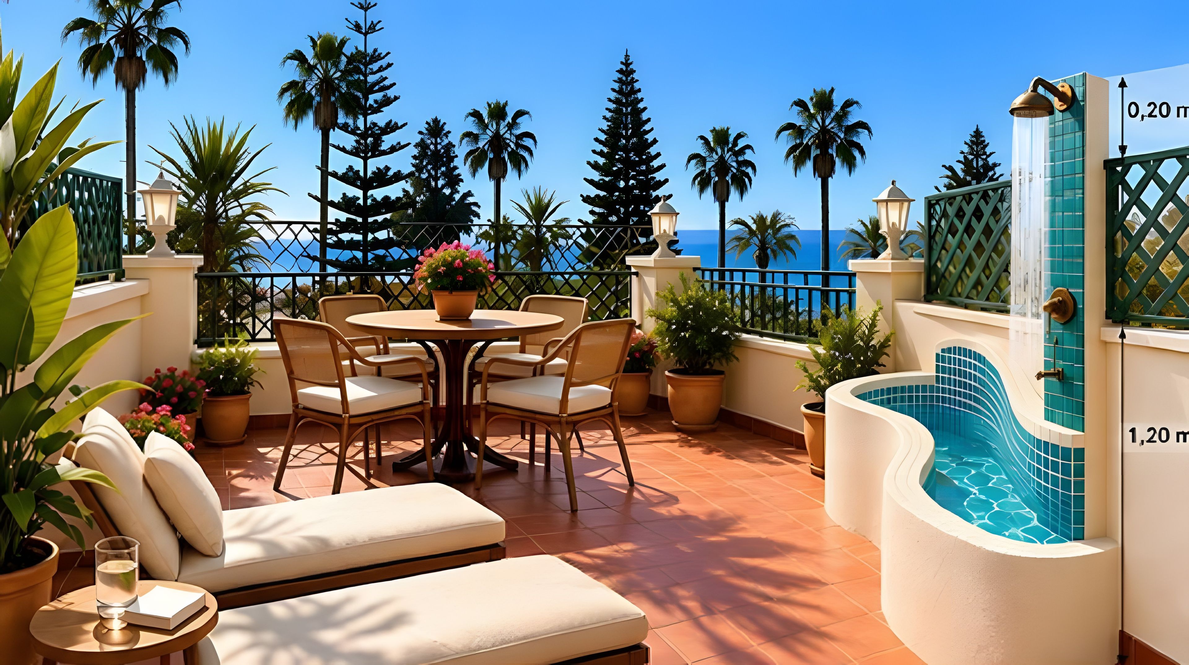 Terraço com piscina, área de estar externa e vista para o mar.