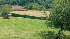 Un paisaje rural con una casa, un campo cercado y cabras pastando.