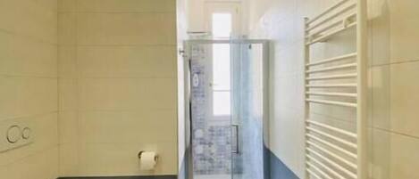 Shower, hair dryer, bidet, towels