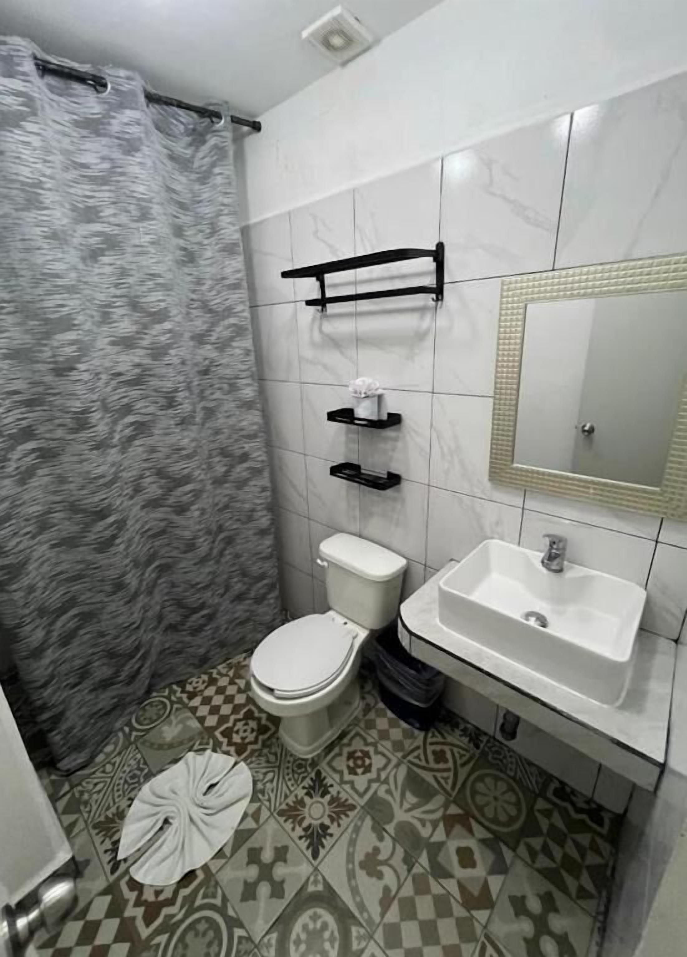 Bathtub, towels, soap, shampoo