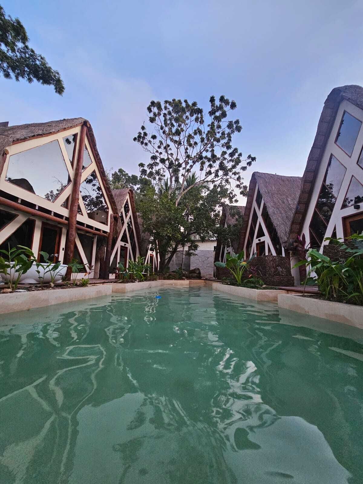 A pool area with geometric structures and tropical plants.