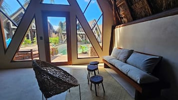 Comfort Cabin, Pool View | Living area | 32-inch Smart TV with digital channels, streaming services