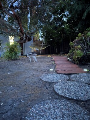A backyard with a dog, a hammock, and a wooden deck. - Private fenced guesthouse perfect for a couple, near Stanford, Google, Facebook (Palo Alto)