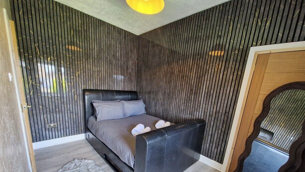 Une chambre à coucher moderne avec un lit, un plancher en bois, un tapis moelleux et un miroir original.