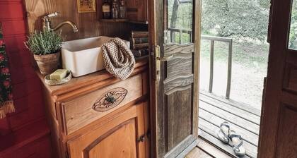 Bohemian caravan in the heart of nature with horses and donkeys