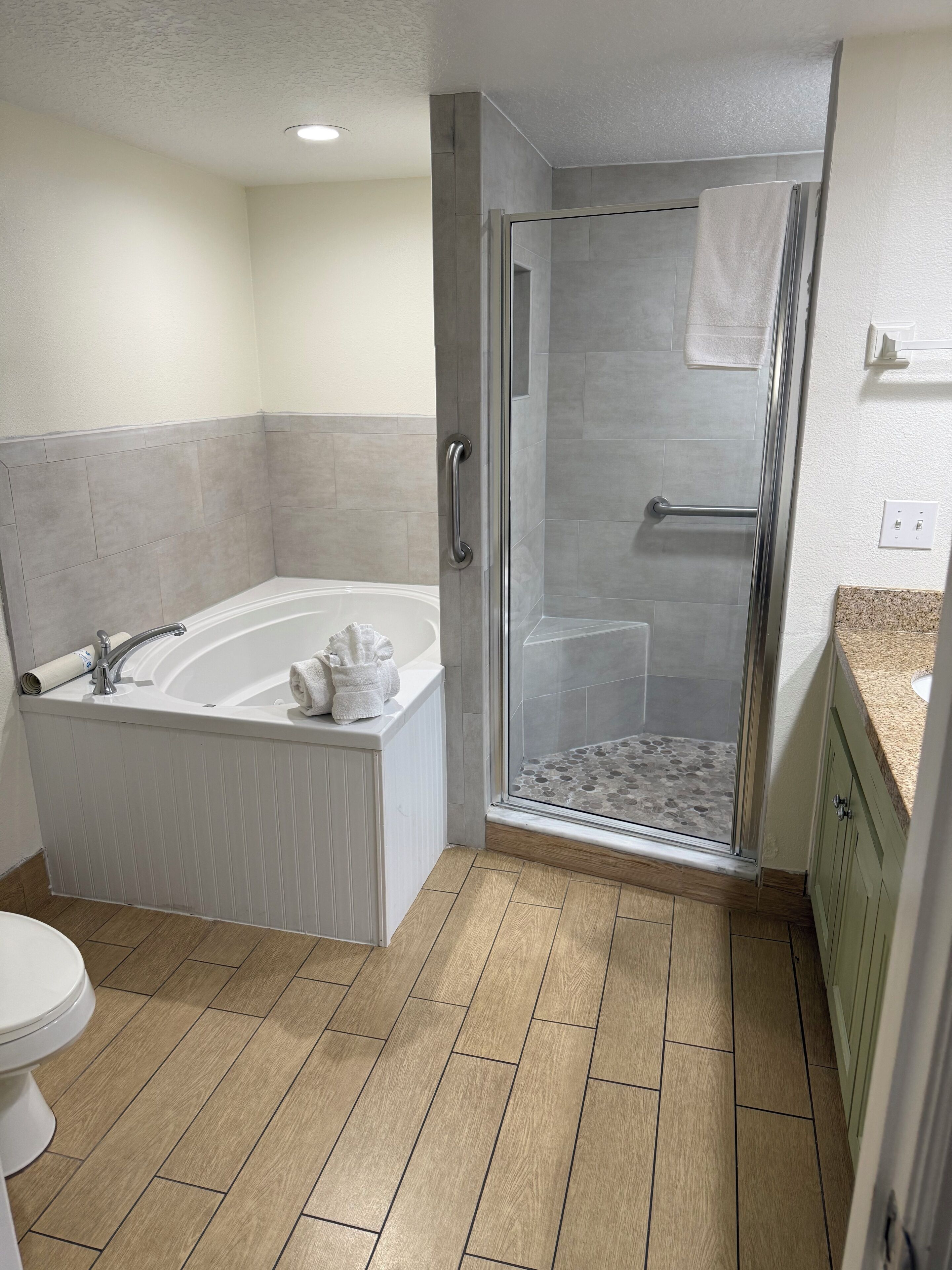 Shower, jetted bath, hair dryer, towels