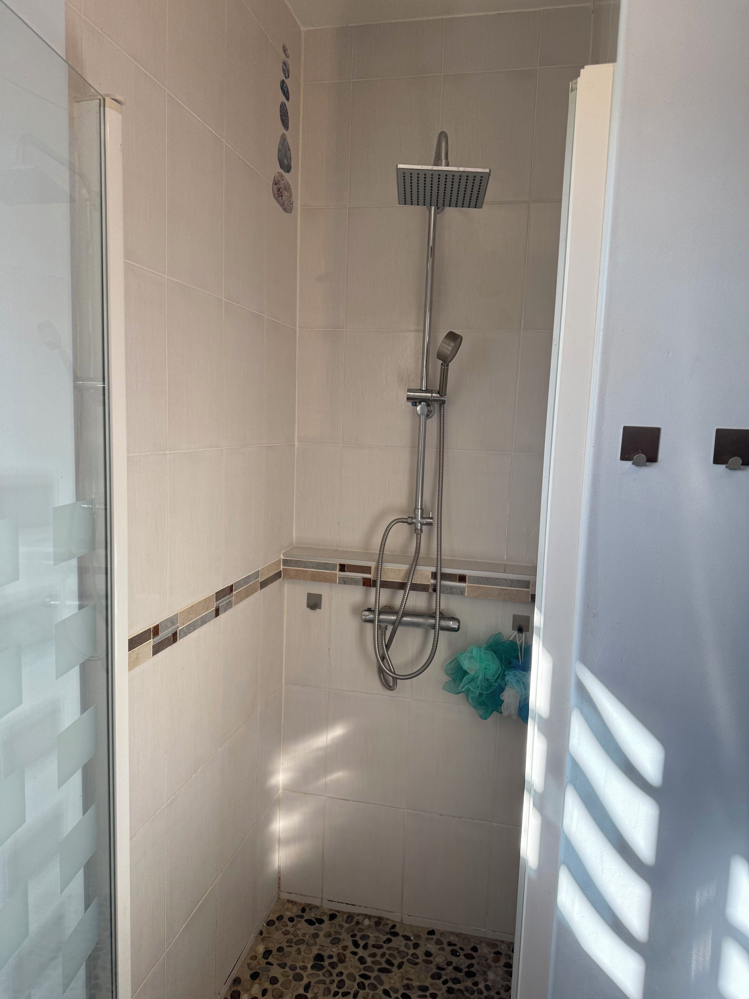 A shower with a handheld showerhead, a wall-mounted rain showerhead, and a glass door.