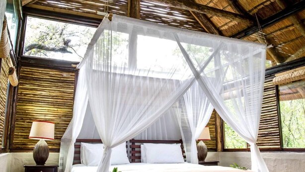 A room with a bed, a nightstand, a lamp, and a canopy bed. - Room-royal Thonga Safari Lodge - Private (uMhlabuyalingana)