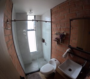 Ein Badezimmer mit Duschkabine, Toilette, Waschbecken und Spiegel.