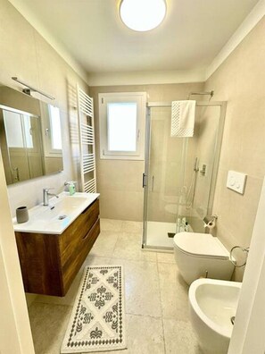 Une salle de bain avec douche, toilettes et lavabo.