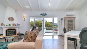 Ein Wohnzimmer mit einer Couch, einem Kamin, einem Esstisch und Blick durch Glastüren.