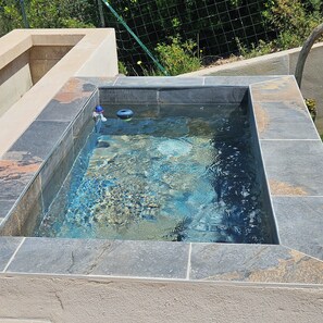 Ein rechteckiger Pool mit klarem Wasser, umgeben von Steinplatten.