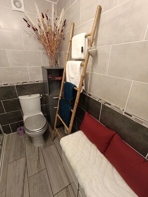 Ducha, secador de pelo, toallas, jabón