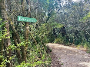 Cartell amb la paraula 'BIENVENUE' en una zona boscosa amb un camí de grava.