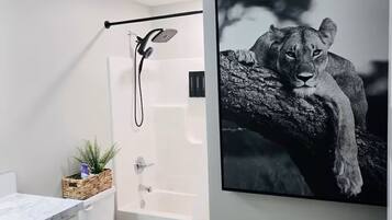 Hair dryer, towels, soap, toilet paper