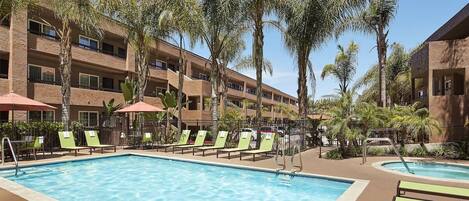 A pool area with multiple lounge chairs and umbrellas, surrounded by palm trees and a multi-story building.