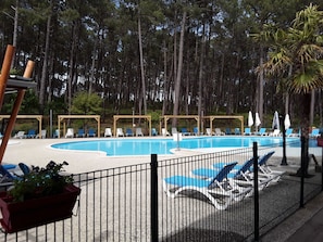 Une piscine entourée d’arbres, avec des chaises longues et des parasols.