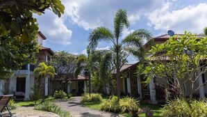 A courtyard with a paved walkway, palm trees, and potted plants. - Seahorse Villas - Three-Bedroom Apartment (NEGOMBO)