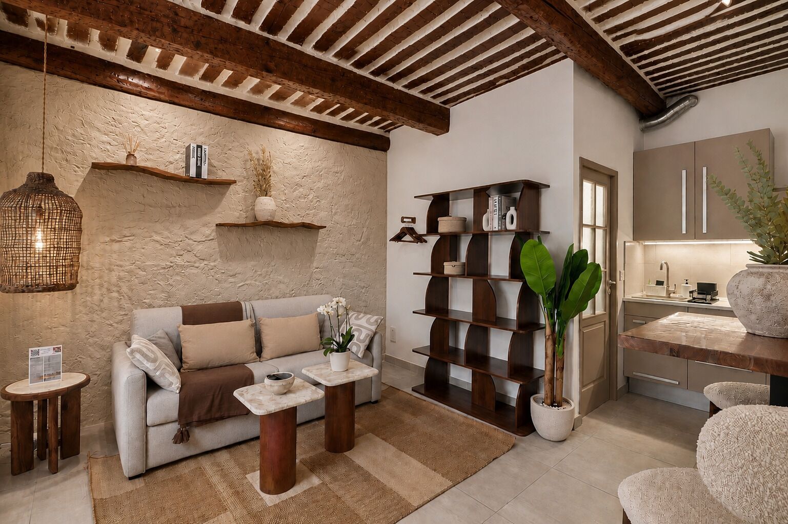 A living room with a sofa, coffee table, and shelves with decorative items.