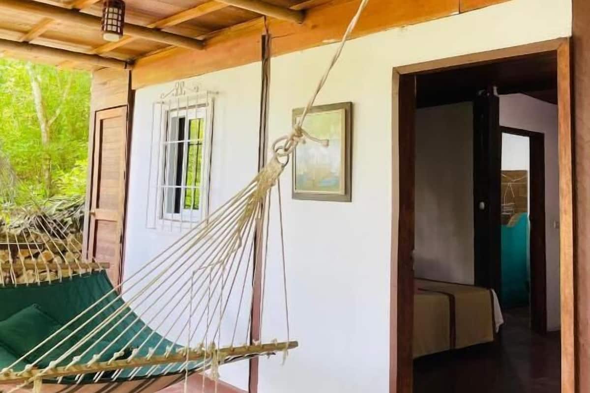 A room with a hammock, a door leading to another room, and a window with blinds.
