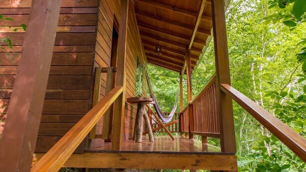 A wooden deck with a hammock and a table, surrounded by lush greenery.