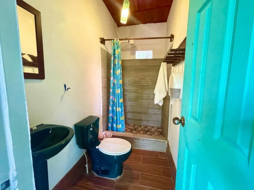 Un baño con inodoro, lavamanos, cortina de ducha y una puerta.