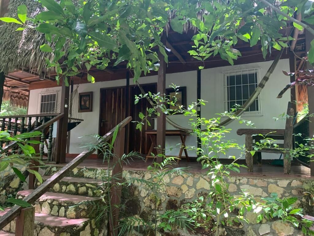 Un bâtiment rustique doté d’un escalier en pierre, de rampes en bois et d’un toit de chaume.
