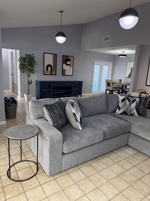 Smart TV, fireplace, books