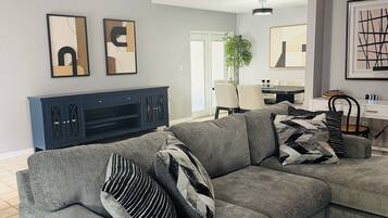 Smart TV, fireplace, books